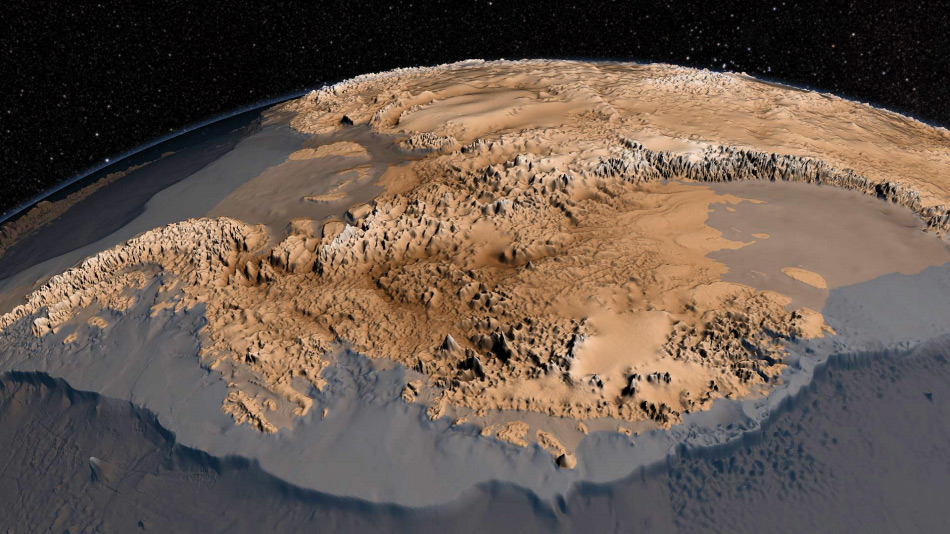 Diese hochaufgelÃ¶ste Karte zeigt die Topographie unter den Gletschern Antarktikas. Man nimmt an, dass viele der Gebiete eisfrei sind und sogar Wasser durch Flussbette fliessen kÃ¶nnte. Bild: NASA