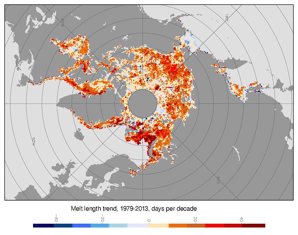 Die Karte zeigt die VerÃ¤nderungen in der Schmelzsaison der letzten 25 Jahre. Rote Gebiete haben lÃ¤ngere Schmelzperioden, blaue Stellen zeigen kÃ¼rzere Perioden. Â© Julienne Stroeve